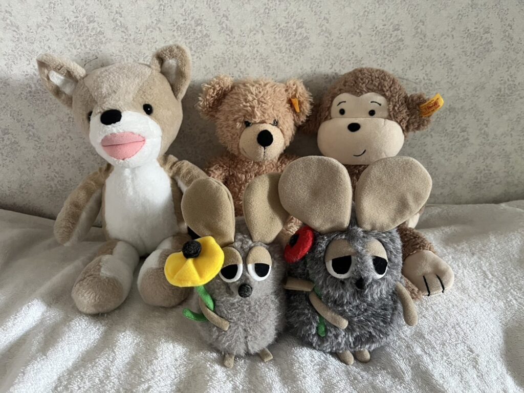 家に洗えるぬいぐるみたちが揃っている写真。こんとあきのこん、シュタイフのさるとくま、フレデリック2体。