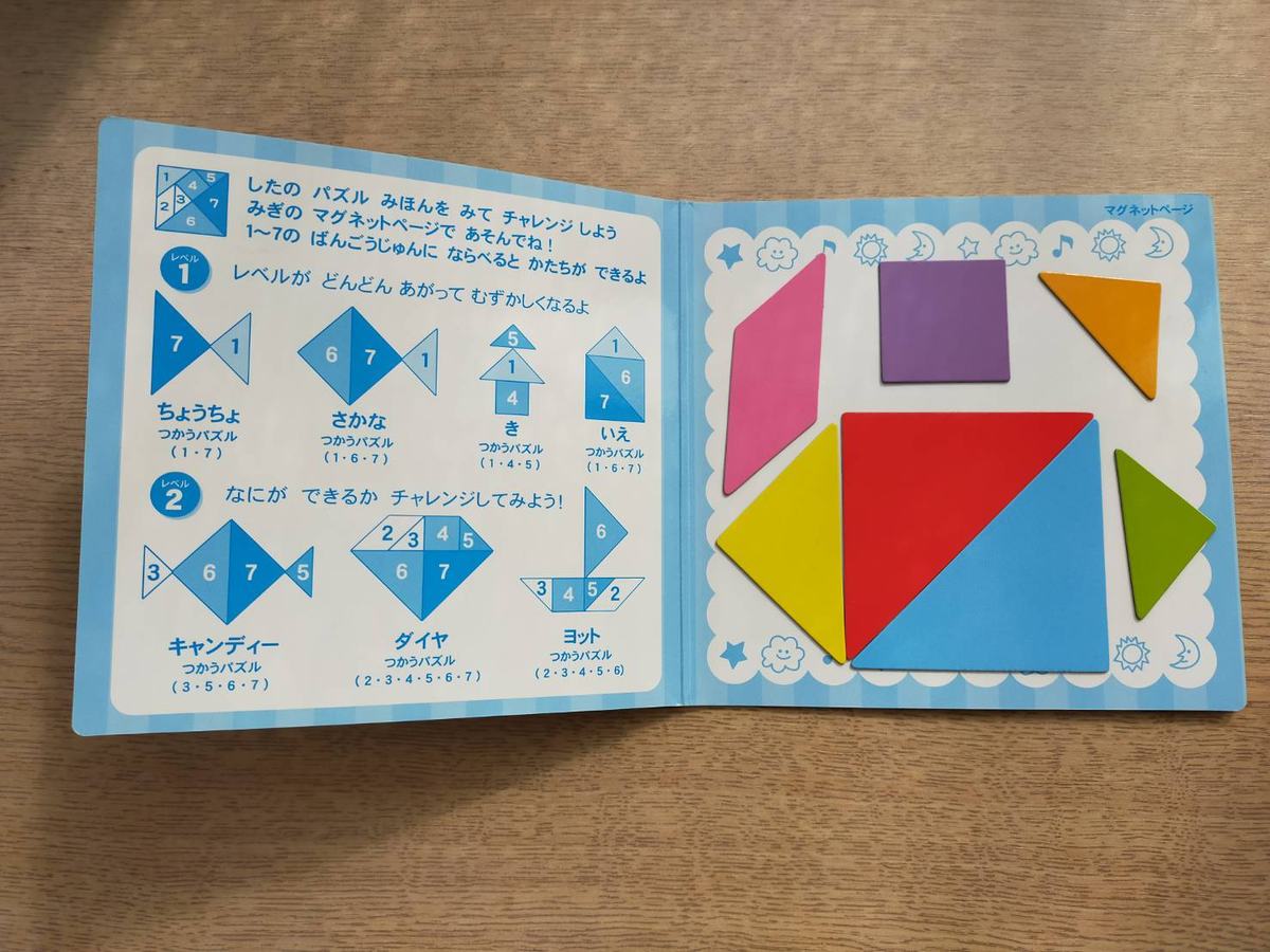 タングラムの見開き。お題を見てマグネットで形を作るページ