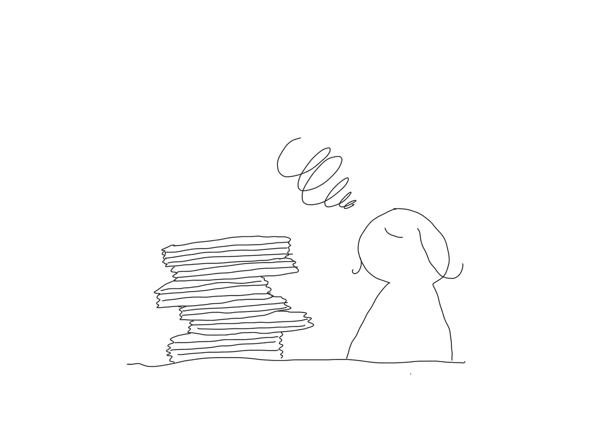 手をつけられないままたまっていくＺ会幼児コースのワークと、それを見てため息をつく親のイラスト